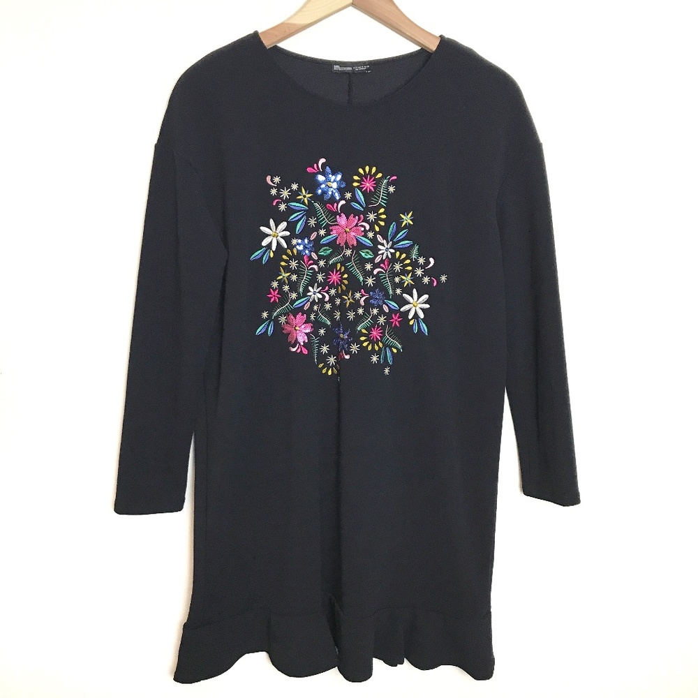 Zara Navy Long Sleeve Embroidered Flower Dress S
